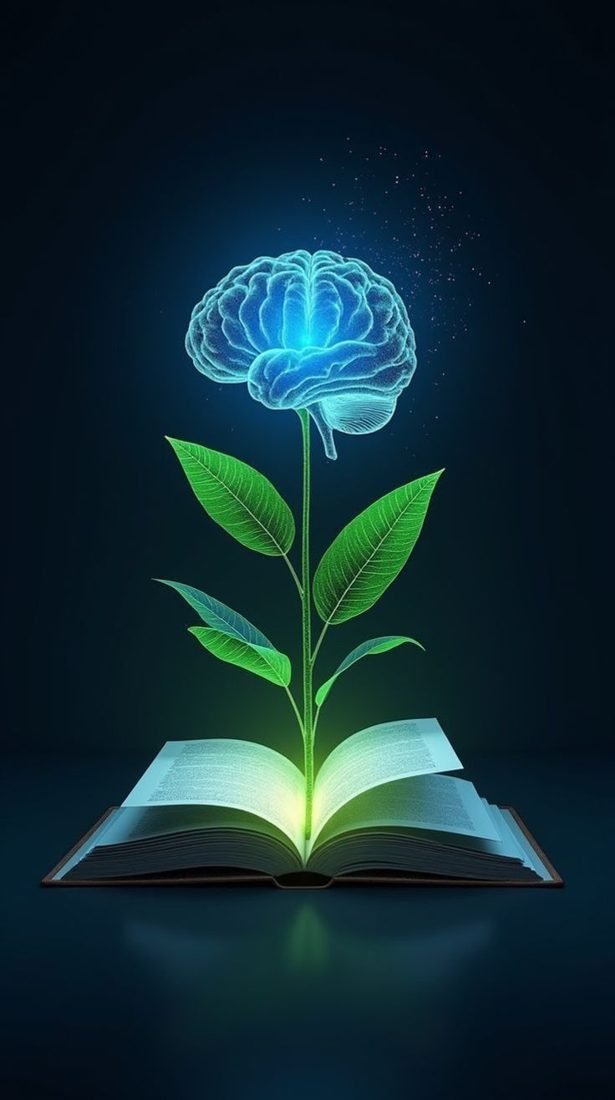 A book growing a plant with a glowing brain