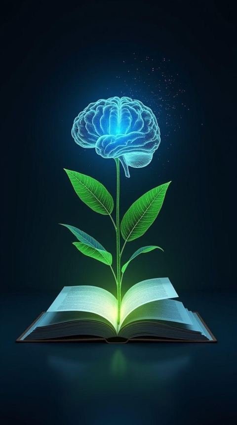 Book growing a plant with a glowing brain